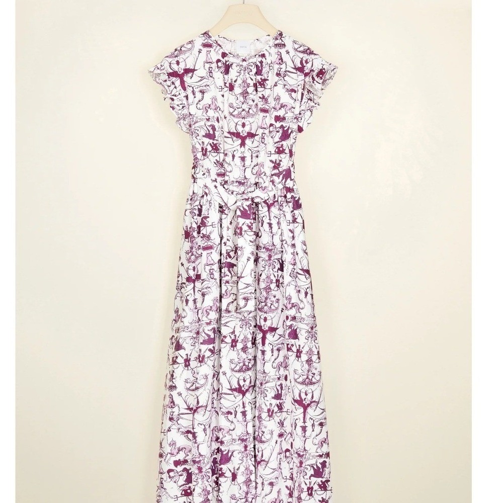 Patou White Purple Toile Flutter Sleeve Maxi Dress Size 36 or US Size 2 - Picture 3 of 14